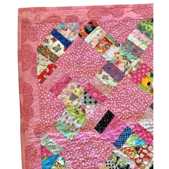 Handmade Patchwork Quilt Pink Polka Dot Design Multicolor Patterns 41.5"X 35.25" - Picture 5 of 9